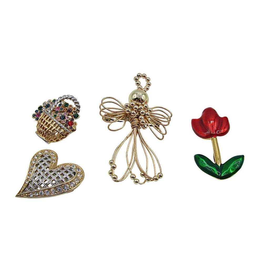 Lot 4 Vintage Brooches Angel Enamel Flower Rhinestone Basket and Heart Gold Tone